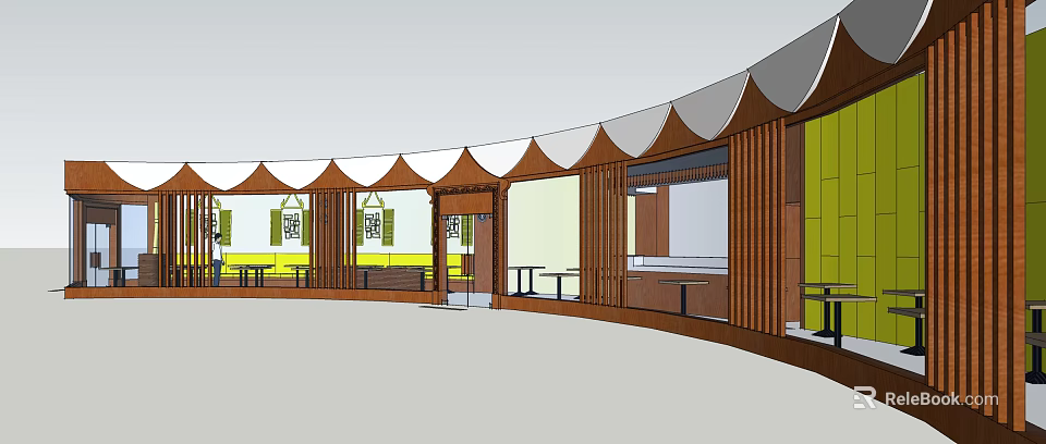 Open Design Restaurant Interior With Curved Roof Wooden Structure And Yellow Accents 3d model 