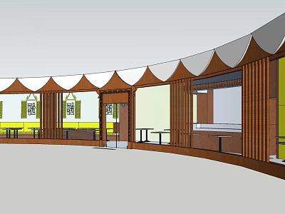 Open Design Restaurant Interior With Curved Roof Wooden Structure And Yellow Accents 3d model