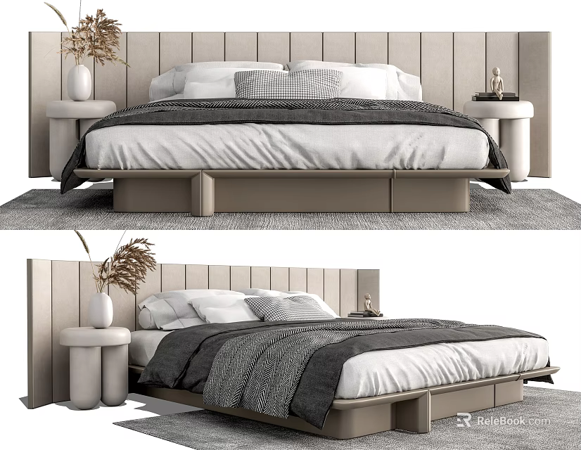 Modern Minimalist Double Bed With Wooden Panel Headboard And White Gray Bedding 3d model