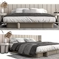 Modern Minimalist Double Bed With Wooden Panel Headboard And White Gray Bedding 3d model