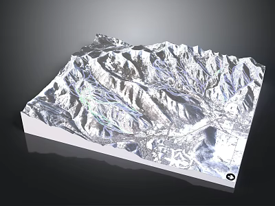 Silver 3D Terrain Model with Mountain Topography Detailed Surface Texture and Path Lines 3d model