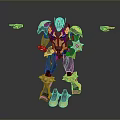 Futuristic Robot Character With Yellow Black Purple Armor And Side Flying Devices
