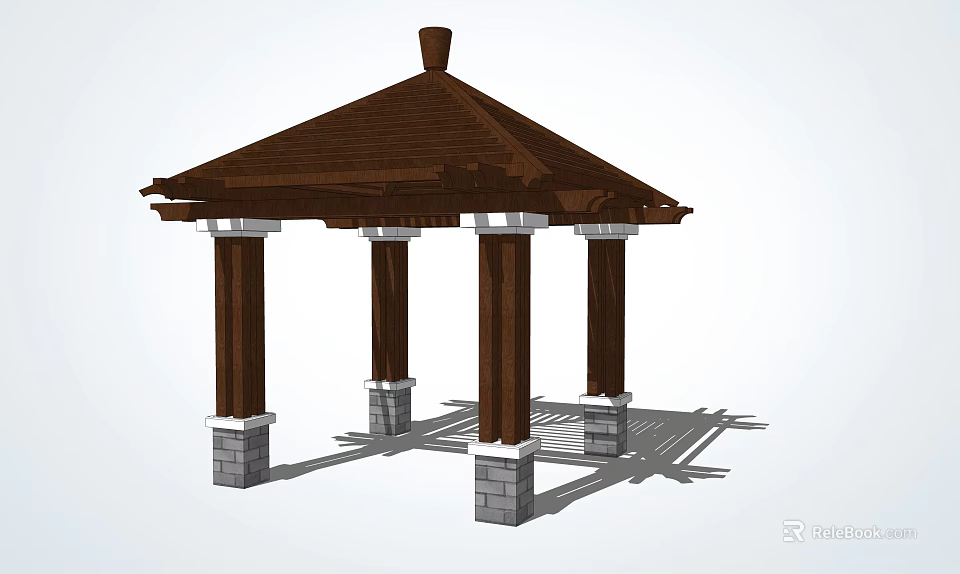 Traditional Garden Pavilion Featuring Brown Roof And Wooden Columns With Stone Bases 3d model 