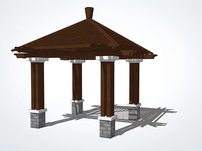 Traditional Garden Pavilion Featuring Brown Roof And Wooden Columns With Stone Bases 3d model