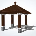 Traditional Garden Pavilion Featuring Brown Roof And Wooden Columns With Stone Bases