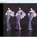 Four Elegant Women Wearing Purple And Silver Strapless Dresses With Puffy Sleeves