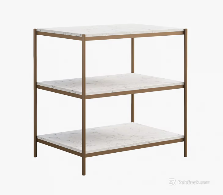 Modern Minimalist Three Tier Shelving Unit With Marble Shelves And Brass Frame 3d model 