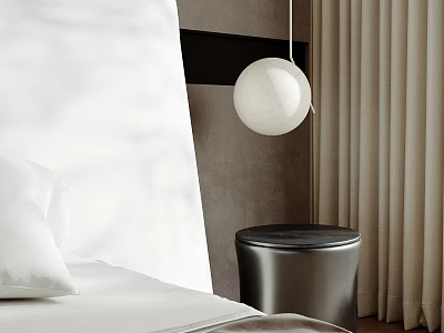 Modern Metal Cylindrical Bedside Table With White Spherical Pendant Light Beige Curtains And Grey Headboard 3d model