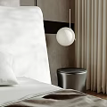Modern Metal Cylindrical Bedside Table With White Spherical Pendant Light Beige Curtains And Grey Headboard