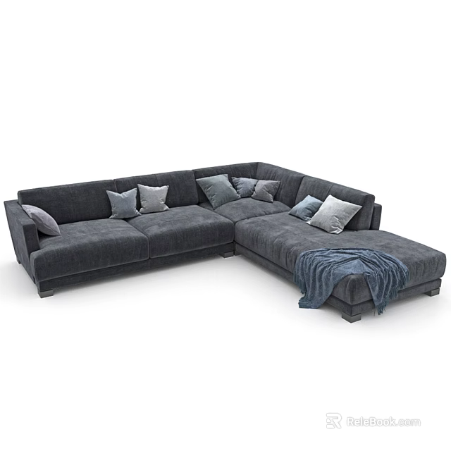 Gray Sectional Sofa With Multiple Decorative Pillows And Cozy Throw Blanket 3d model