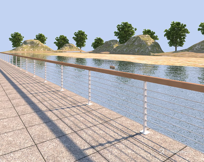 Waterfront Railing Along Paved Walkway With Trees And Hills 3d model 