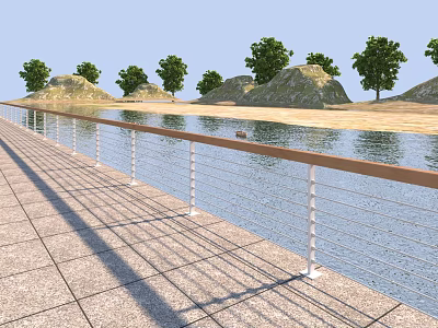 Waterfront Railing Along Paved Walkway With Trees And Hills 3d model