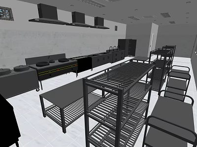 Commercial Kitchen Layout With Stainless Steel Cooking Stations Metal Racks And Worktables 3d model
