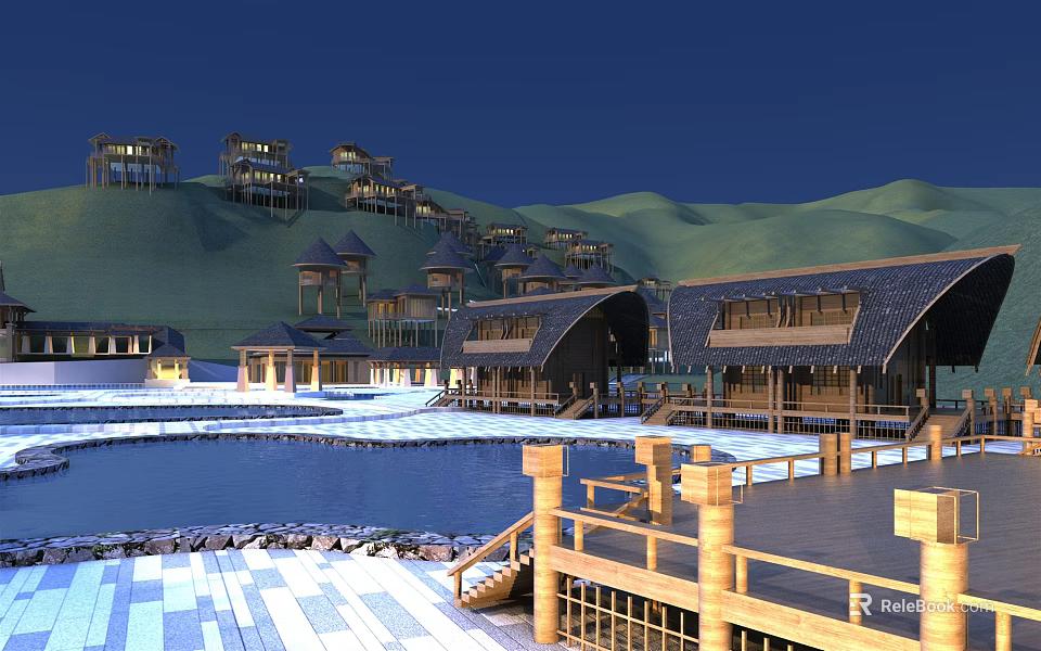 Detached Villas With Wooden Structure By Water Area And Mountain Views With Lighting 3d model 