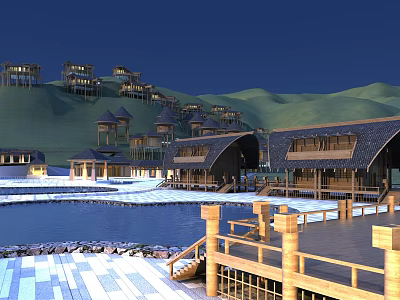 Detached Villas With Wooden Structure By Water Area And Mountain Views With Lighting 3d model