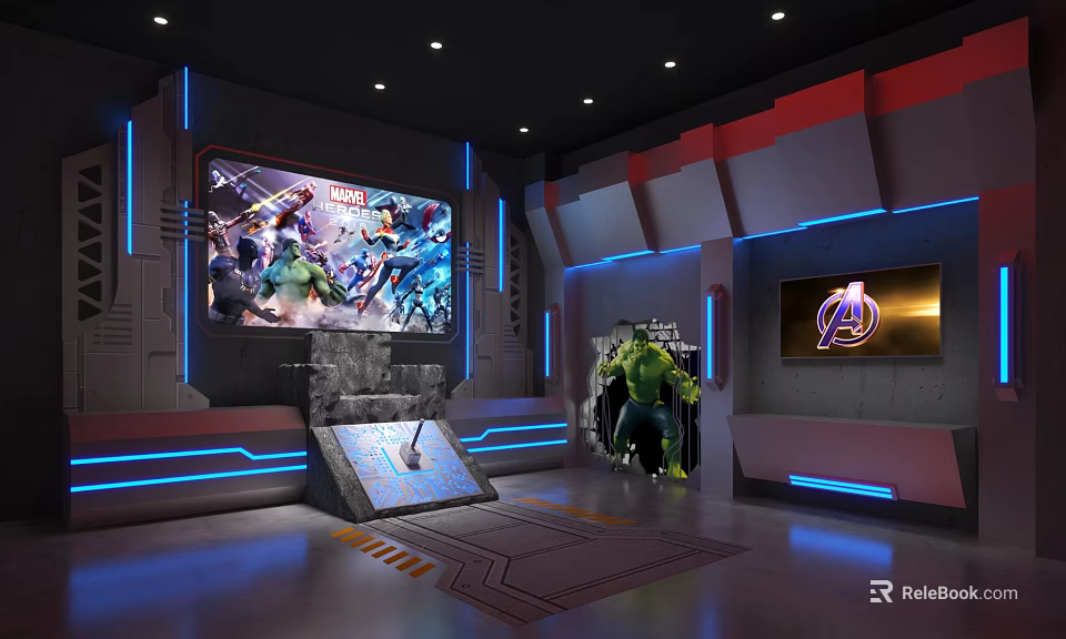 Futuristic Avengers Exhibition Area With Large Marvel Screen Hulk Figure And Blue Lighting 3d model 