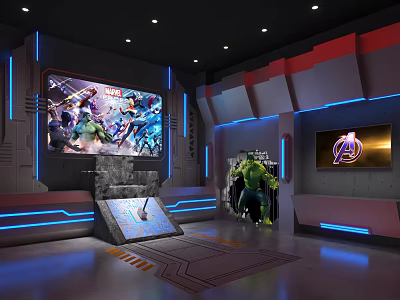 Futuristic Avengers Exhibition Area With Large Marvel Screen Hulk Figure And Blue Lighting 3d model
