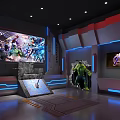Futuristic Avengers Exhibition Area With Large Marvel Screen Hulk Figure And Blue Lighting