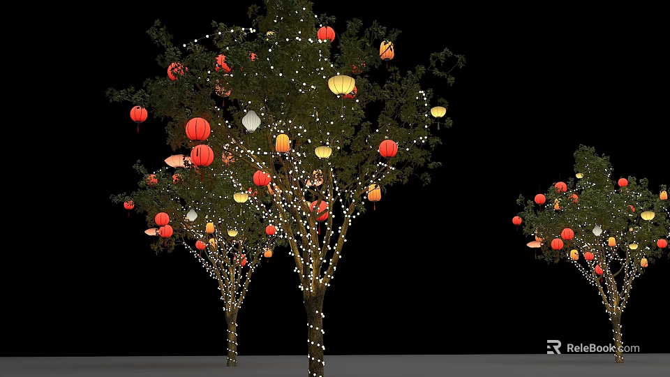Decorated Trees With Colorful Lanterns And String Lights On Black Background 3d model