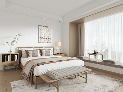 Cozy Modern Bedroom Interior With Bed Pillows Nightstand Lamp Wall Art Large Window And Bench 3d model