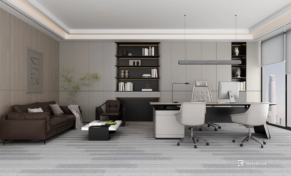Modern Office Interior Design With Open Layout Sofa Bookshelves Desk And Plants 3d model