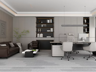 Modern Office Interior Design With Open Layout Sofa Bookshelves Desk And Plants 3d model