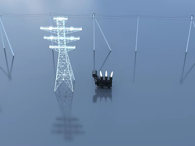 Electric Power Tower With Wind Turbines And Power Lines Under Blue Sky 3d model