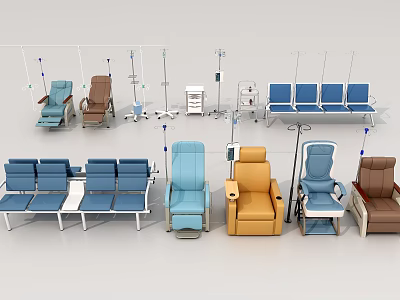 Medical Seating And Equipment With Infusion Stands And Colored Waiting Chairs 3d model