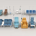 Medical Seating And Equipment With Infusion Stands And Colored Waiting Chairs