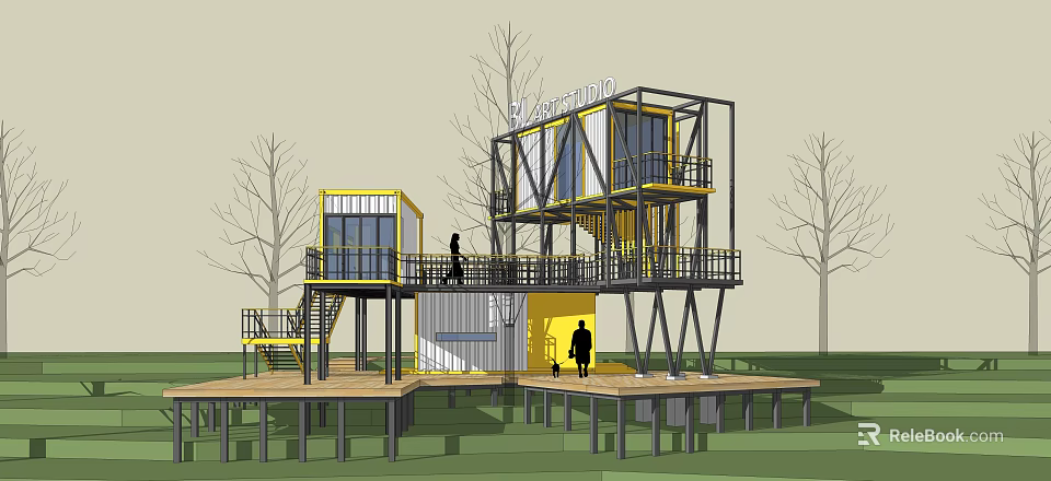 Modern Container Homestay Building With Yellow White Exterior Balconies And Trees 3d model 