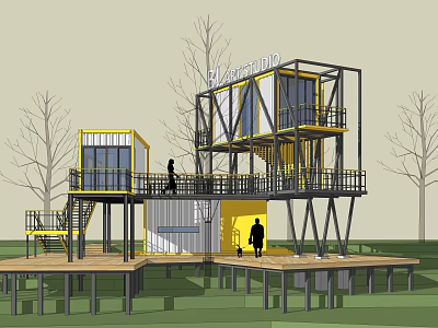 Modern Container Homestay Building With Yellow White Exterior Balconies And Trees 3d model