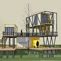 Modern Container Homestay Building With Yellow White Exterior Balconies And Trees