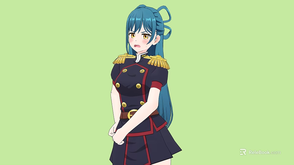 Anime Woman With Blue Hair Ponytail Gold Epaulettes And Dark Uniform 3d model 