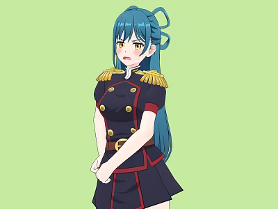 Anime Woman With Blue Hair Ponytail Gold Epaulettes And Dark Uniform 3d model