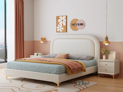 Children's Bed With White Headboard Gold Legs Blue Dotted Bedspread Colorful Wall Art And Nightstand 3d model