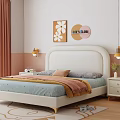 Children's Bed With White Headboard Gold Legs Blue Dotted Bedspread Colorful Wall Art And Nightstand