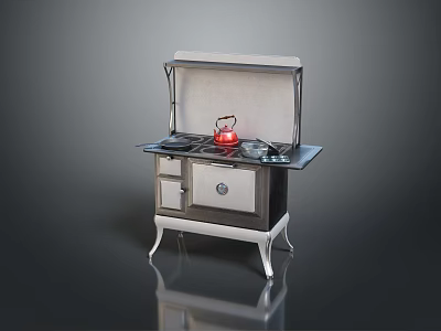Vintage Kitchen Stove With Red Kettle On Countertop And Metal Burners 3d model