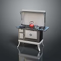 Vintage Kitchen Stove With Red Kettle On Countertop And Metal Burners