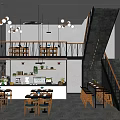 Modern Restaurant Interior Design With Wooden Tables Chairs Hanging Lights And Staircase