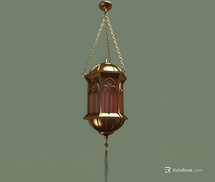 Golden Lantern Design Chandelier With Red Glass Panels Hanging Chain And Tassel 3d model 
