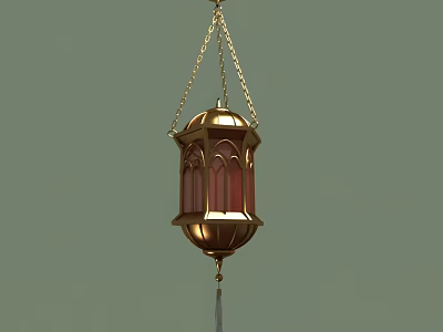 Golden Lantern Design Chandelier With Red Glass Panels Hanging Chain And Tassel 3d model