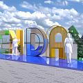 Colorful Open Day Art Installation with 3D Letters Outdoor Blue Sky White Clouds People Interaction