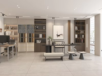 Modern Home Office Interior With Wooden Bookshelves Writing Desk Decorative Painting And Potted Plant 3d model