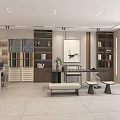 Modern Home Office Interior With Wooden Bookshelves Writing Desk Decorative Painting And Potted Plant