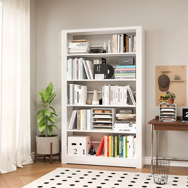 Study Room Interior Featuring Organized White Bookshelf With Books Green Plant And Decorative Items 3d model 