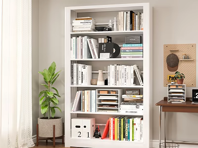 Study Room Interior Featuring Organized White Bookshelf With Books Green Plant And Decorative Items 3d model