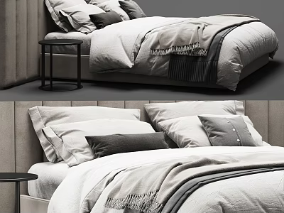 Elegant Modern Double Bed With Upholstered Headboard Gray White Pillows And Linen Bedding 3d model
