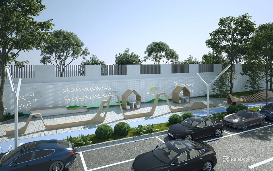 Modern Curved Outdoor Landscape Seats With Trees Green Bushes Decorative Wall And Parking Area 3d model 