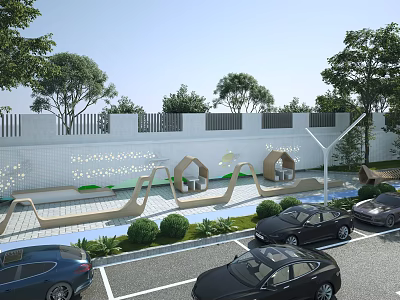 Modern Curved Outdoor Landscape Seats With Trees Green Bushes Decorative Wall And Parking Area 3d model