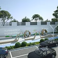 Modern Curved Outdoor Landscape Seats With Trees Green Bushes Decorative Wall And Parking Area